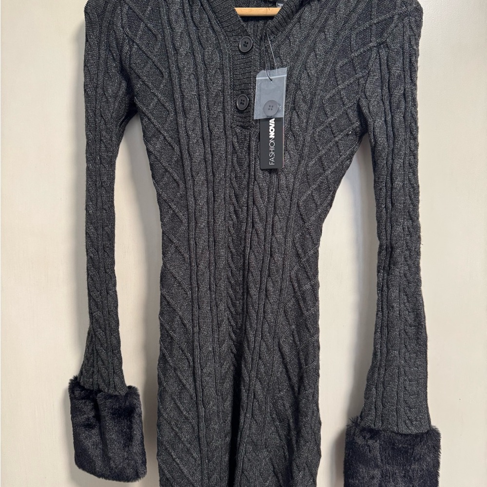 Fashion Nova Gray V-Neck Bodycon Sweater Dress - Picture 2 of 4